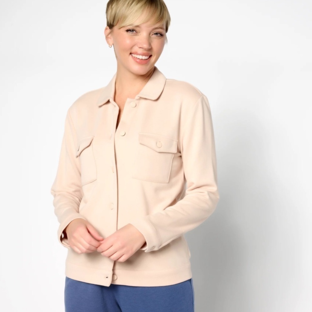 Muk Luks French Terry Knit Tan Cargo Utility Topper Semi Fitted Shacket Sz M NWT